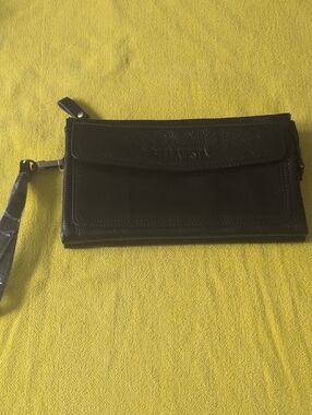 Black Leather Wristlet with Front Flap Pocket